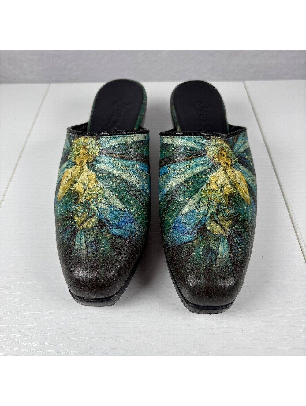 Icon Art Nouveau Fairy Leather Mules Chunky Heel Slip On Clogs Womens Size 6